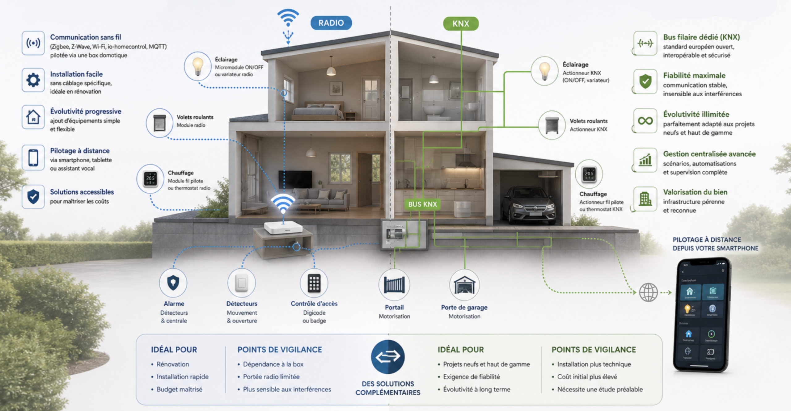 Schéma comparatif domotique radio et KNX dans une maison connectée (éclairage, chauffage, volets, contrôle d’accès)